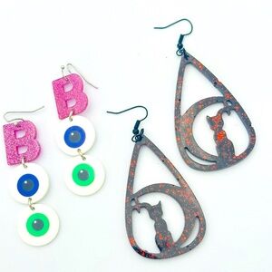Lot Halloween Earrings Resin Boo & Black Cat Glitter Pierced Hook